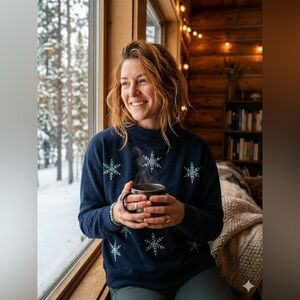 SIZE MEDIUM PETITE Talbots® Snowflake Embroidered Grannycore Navy Sweatshirt